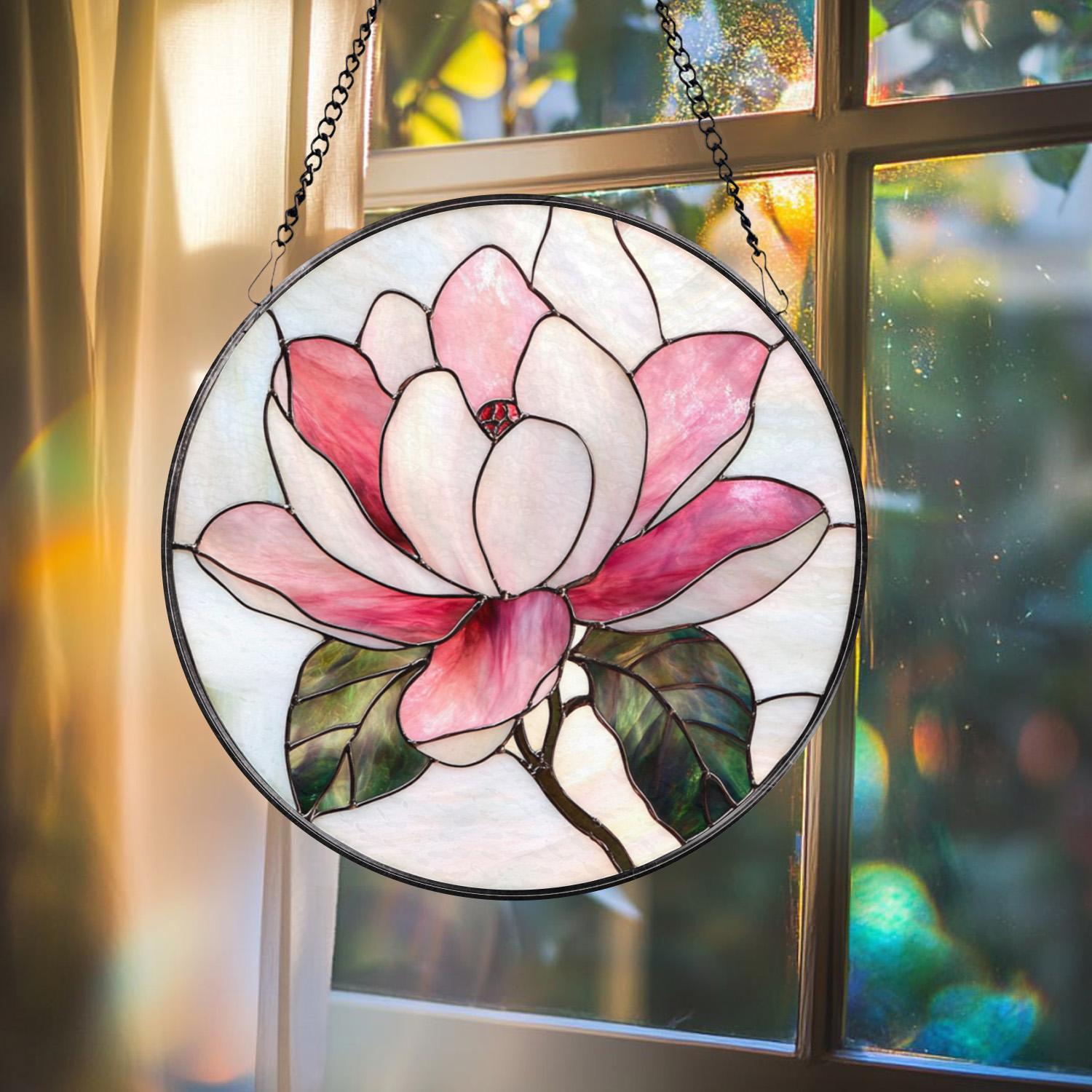 Magnolia Flower Stained Glass Suncatcher – Elegant Floral Window Hanging, Romantic Pink Glass Art Gift for Nature and Garden Lovers