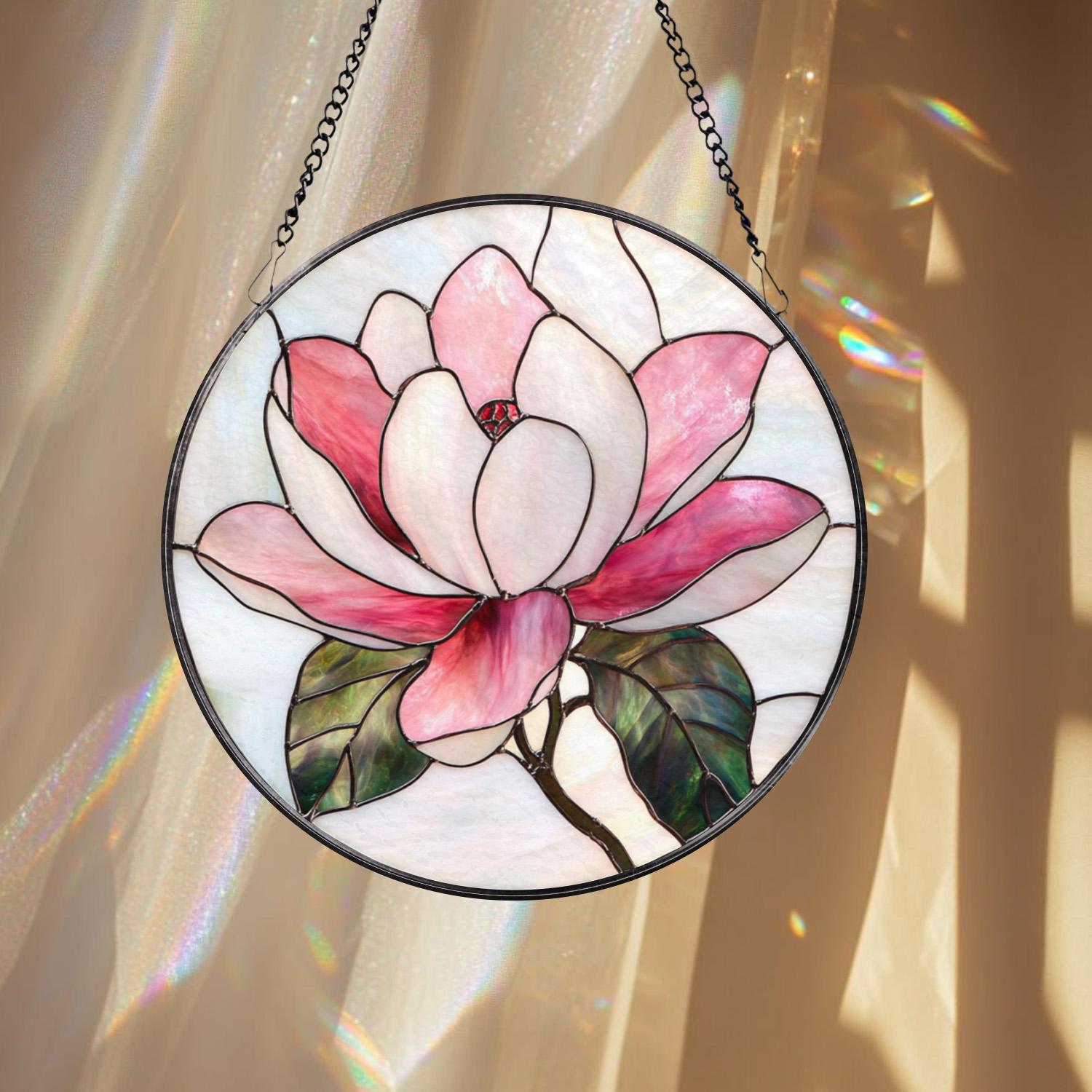 Magnolia Flower Stained Glass Suncatcher – Elegant Floral Window Hanging, Romantic Pink Glass Art Gift for Nature and Garden Lovers