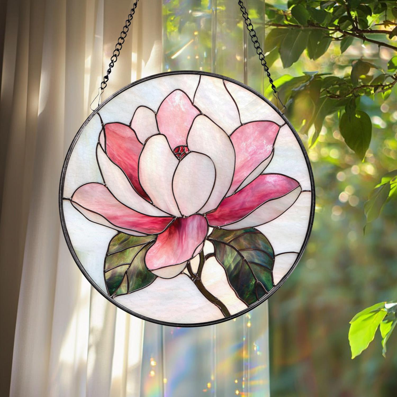 Magnolia Flower Stained Glass Suncatcher – Elegant Floral Window Hanging, Romantic Pink Glass Art Gift for Nature and Garden Lovers