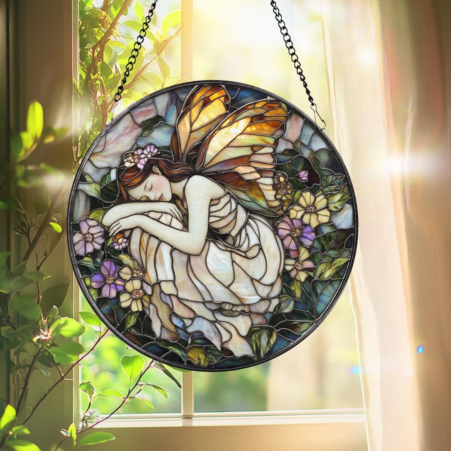 Sleeping Fairy Suncatcher, Stained Glass Fairy Decor, Whimsical Window Hanging, Fantasy Gift for Her, Enchanted Fairy Room Art