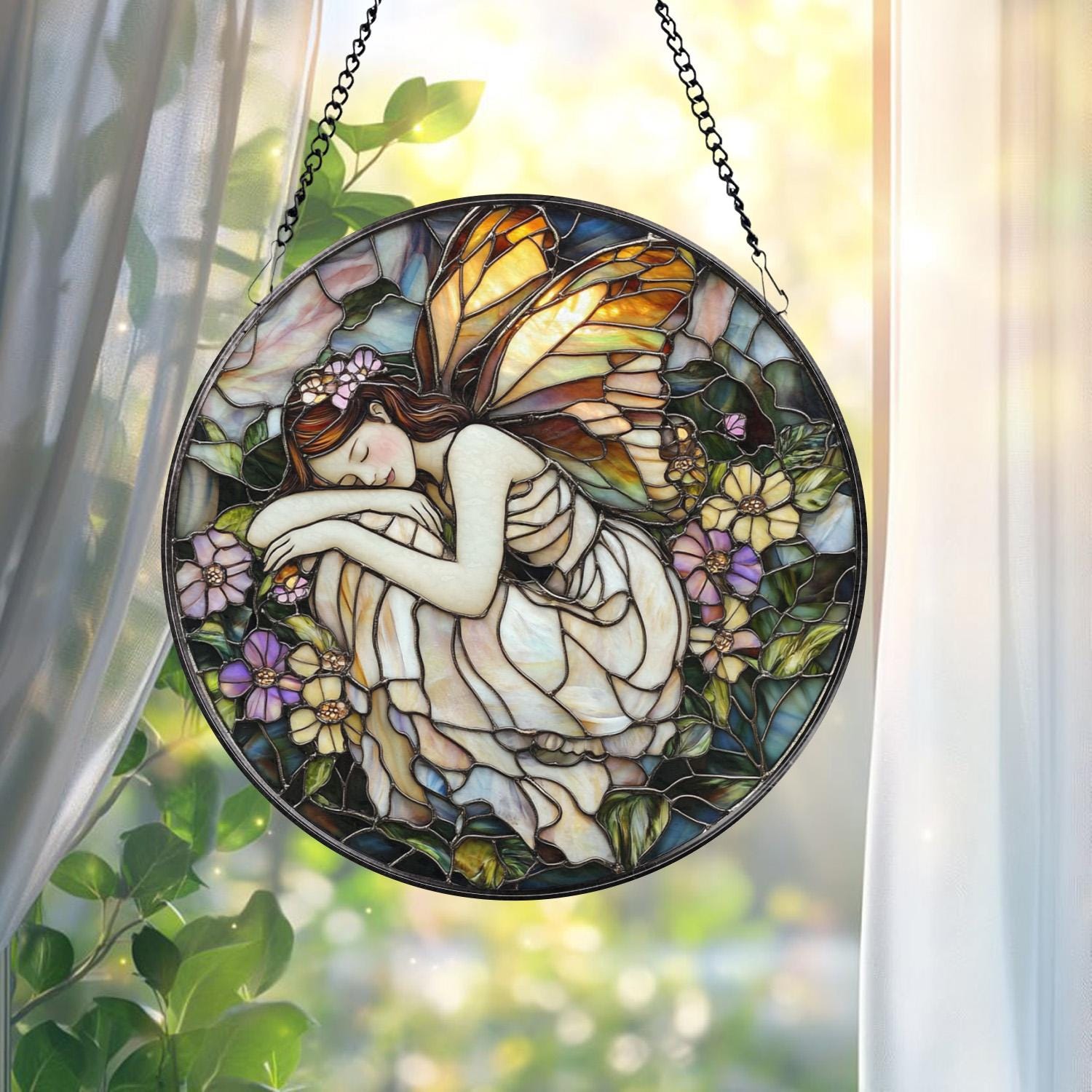 Sleeping Fairy Suncatcher, Stained Glass Fairy Decor, Whimsical Window Hanging, Fantasy Gift for Her, Enchanted Fairy Room Art