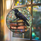 Raven on Books Suncatcher, Gothic Stained Glass Decor, Dark Academia Window Hanging, Crow Art Panel, Book Lover Gift