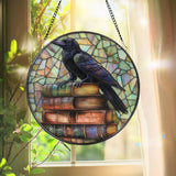 Raven on Books Suncatcher, Gothic Stained Glass Decor, Dark Academia Window Hanging, Crow Art Panel, Book Lover Gift