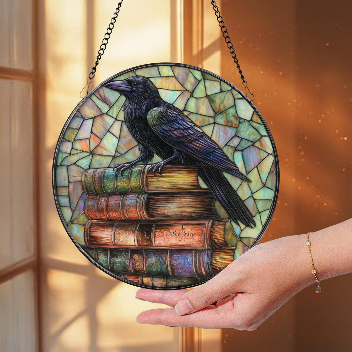 Raven on Books Suncatcher, Gothic Stained Glass Decor, Dark Academia Window Hanging, Crow Art Panel, Book Lover Gift