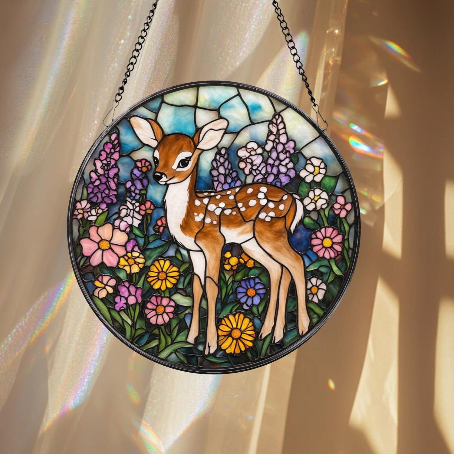 Deer Fawn Suncatcher, Floral Stained Glass Window Art, Baby Deer Decor, Woodland Animal Gift, Nature Lover Hanging Ornament