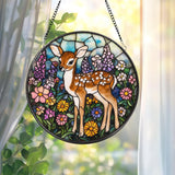 Deer Fawn Suncatcher, Floral Stained Glass Window Art, Baby Deer Decor, Woodland Animal Gift, Nature Lover Hanging Ornament