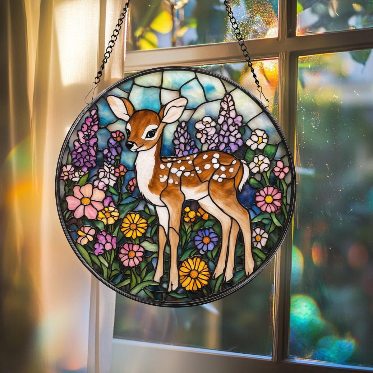 Deer Fawn Suncatcher, Floral Stained Glass Window Art, Baby Deer Decor, Woodland Animal Gift, Nature Lover Hanging Ornament