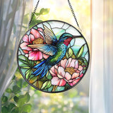 Hummingbird and Peony Stained Glass Suncatcher, Floral Window Hanging Art, Bird Sun Catcher Gift, Garden Window Decor, Nature Lover Gift