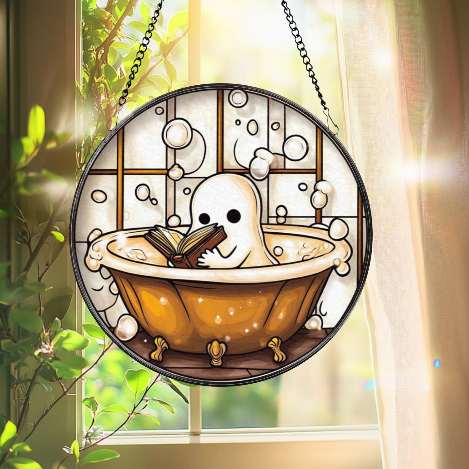 Cute Ghost in Bathtub Stained Glass Suncatcher, Book Lover Window Decor, Funny Ghost Bathroom Panel, Spooky Reading Gift,Halloween Glass Art