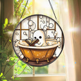Cute Ghost in Bathtub Stained Glass Suncatcher, Book Lover Window Decor, Funny Ghost Bathroom Panel, Spooky Reading Gift,Halloween Glass Art