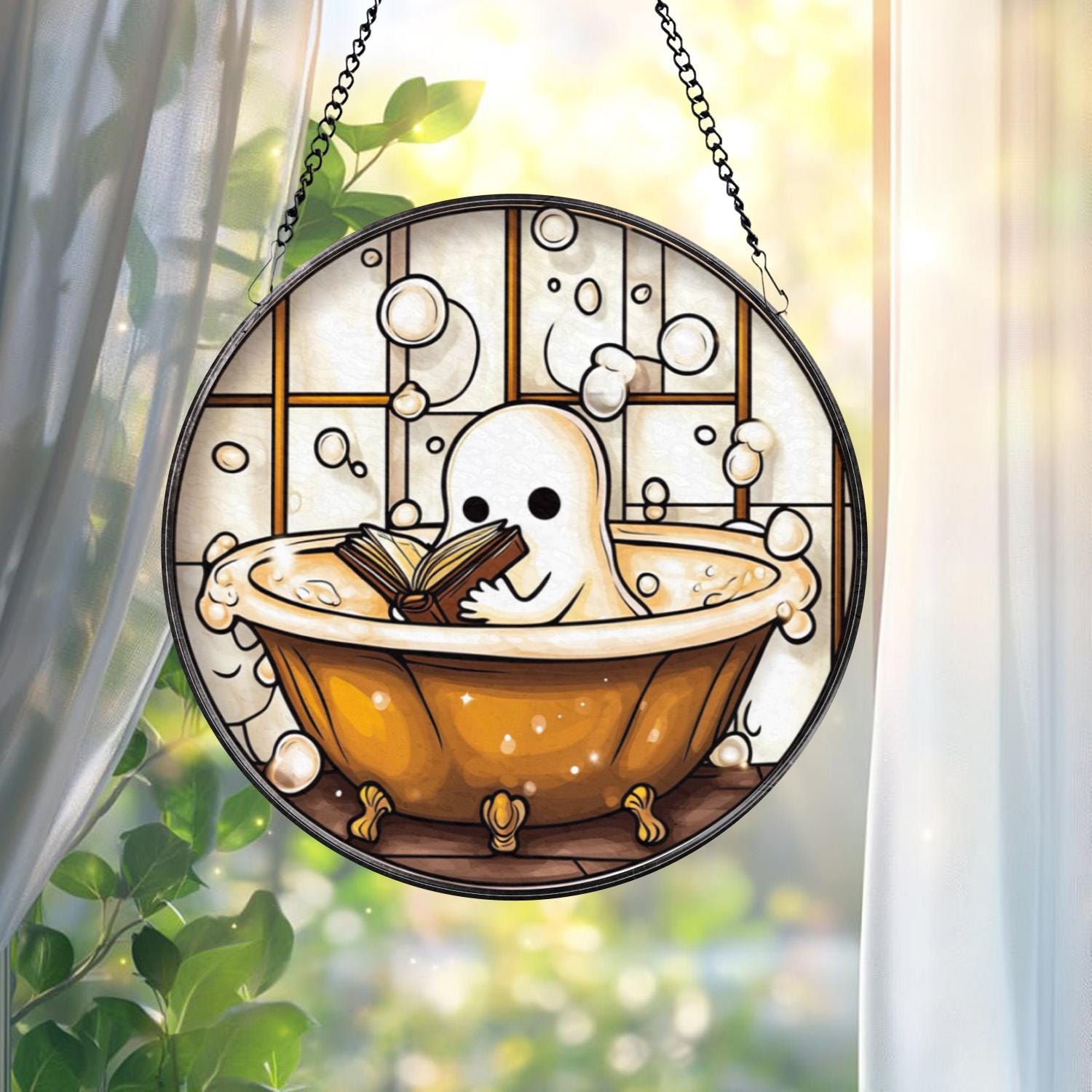 Cute Ghost in Bathtub Stained Glass Suncatcher, Book Lover Window Decor, Funny Ghost Bathroom Panel, Spooky Reading Gift,Halloween Glass Art