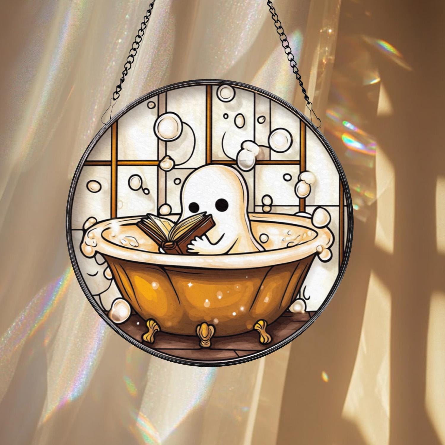 Cute Ghost in Bathtub Stained Glass Suncatcher, Book Lover Window Decor, Funny Ghost Bathroom Panel, Spooky Reading Gift,Halloween Glass Art