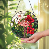 Pink Flamingo Stained Glass Suncatcher, Tropical Window Hanging Decor, Hibiscus Jungle Bird Panel, Exotic Animal Lover Gift,Summer Glass Art