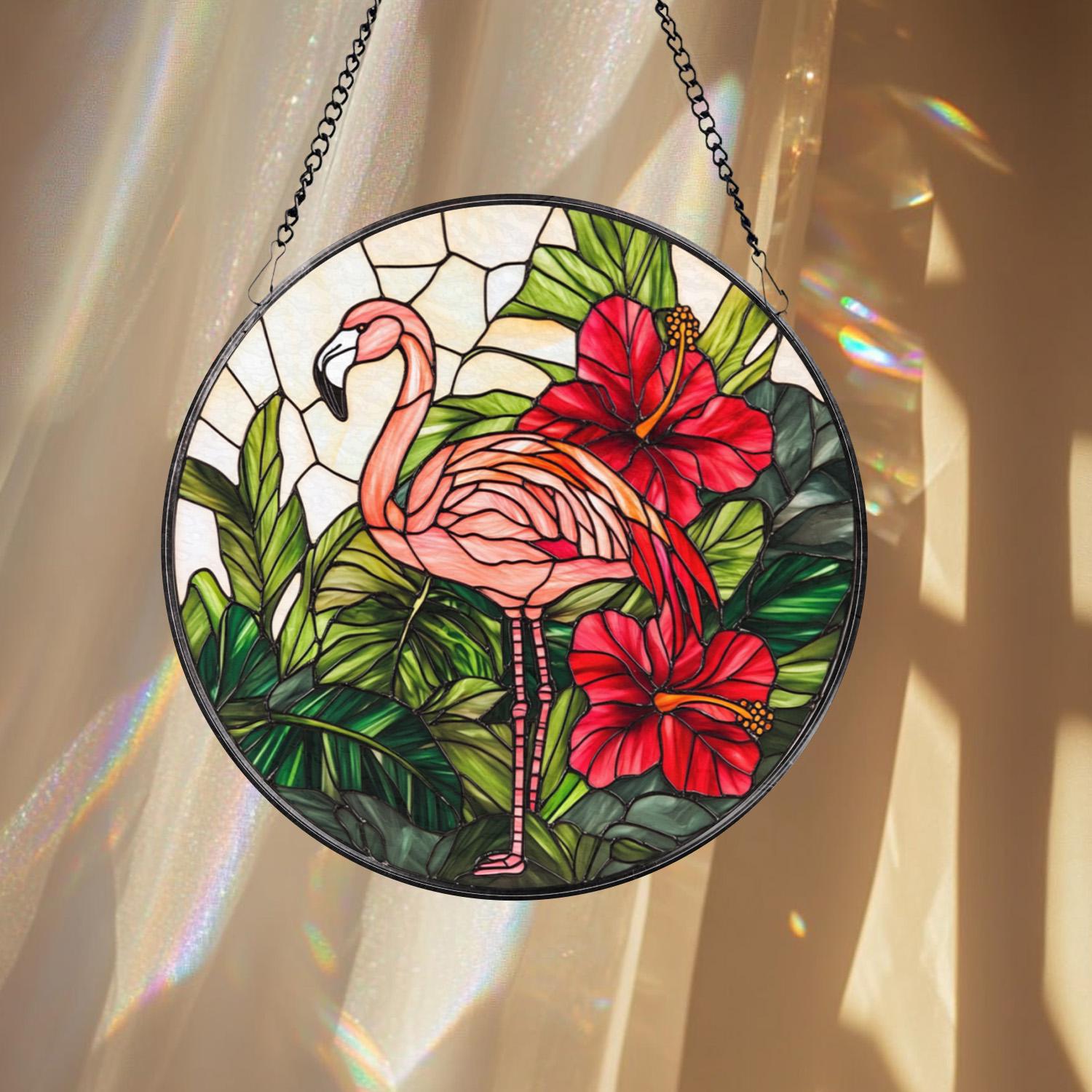 Pink Flamingo Stained Glass Suncatcher, Tropical Window Hanging Decor, Hibiscus Jungle Bird Panel, Exotic Animal Lover Gift,Summer Glass Art