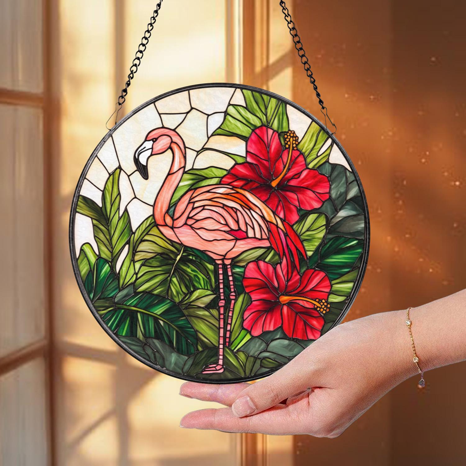 Pink Flamingo Stained Glass Suncatcher, Tropical Window Hanging Decor, Hibiscus Jungle Bird Panel, Exotic Animal Lover Gift,Summer Glass Art