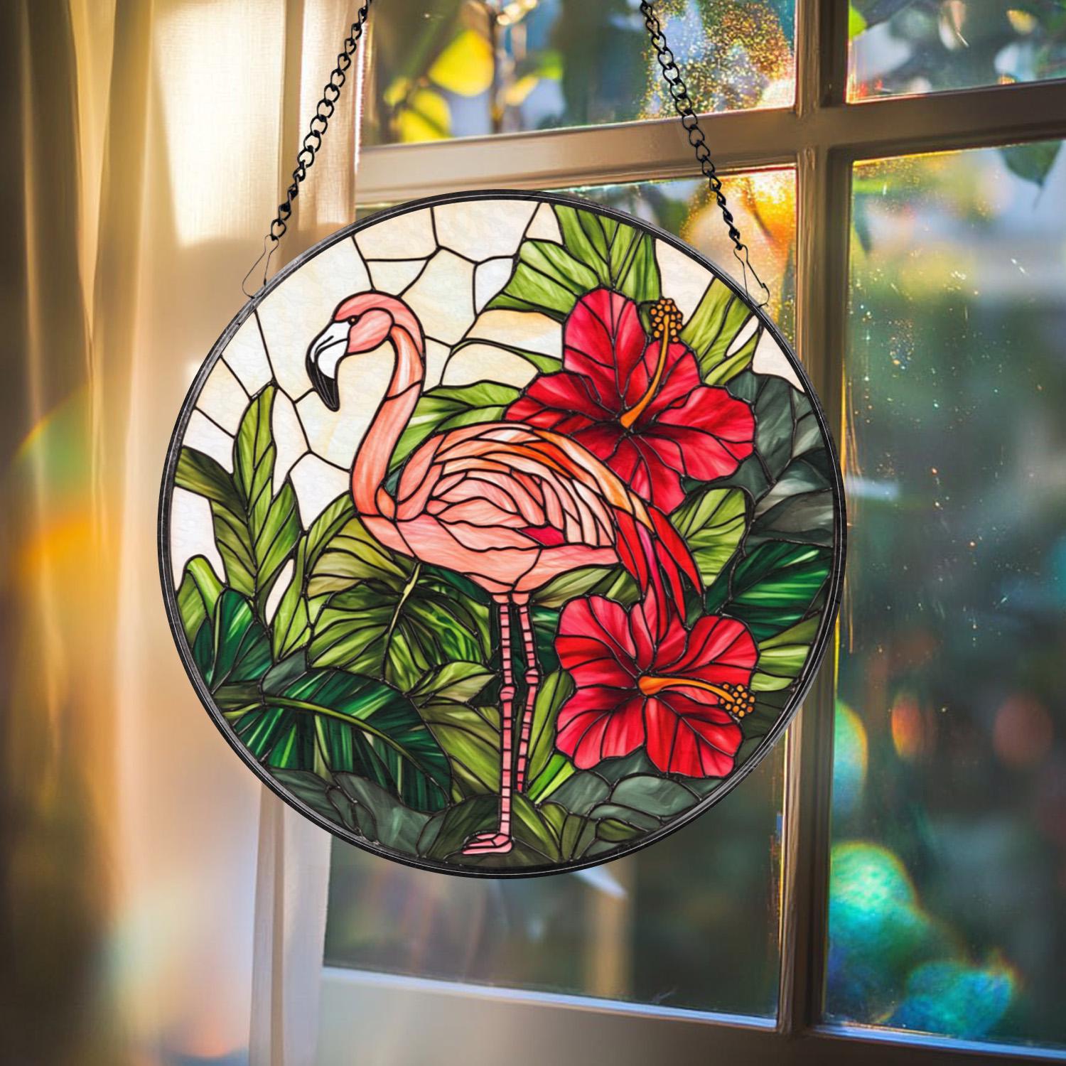 Pink Flamingo Stained Glass Suncatcher, Tropical Window Hanging Decor, Hibiscus Jungle Bird Panel, Exotic Animal Lover Gift,Summer Glass Art