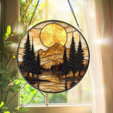 Mountain Sunset Stained Glass Suncatcher, Nature Landscape Window Hanging, Round Forest Glass Art, Rustic Cabin Decor Gift