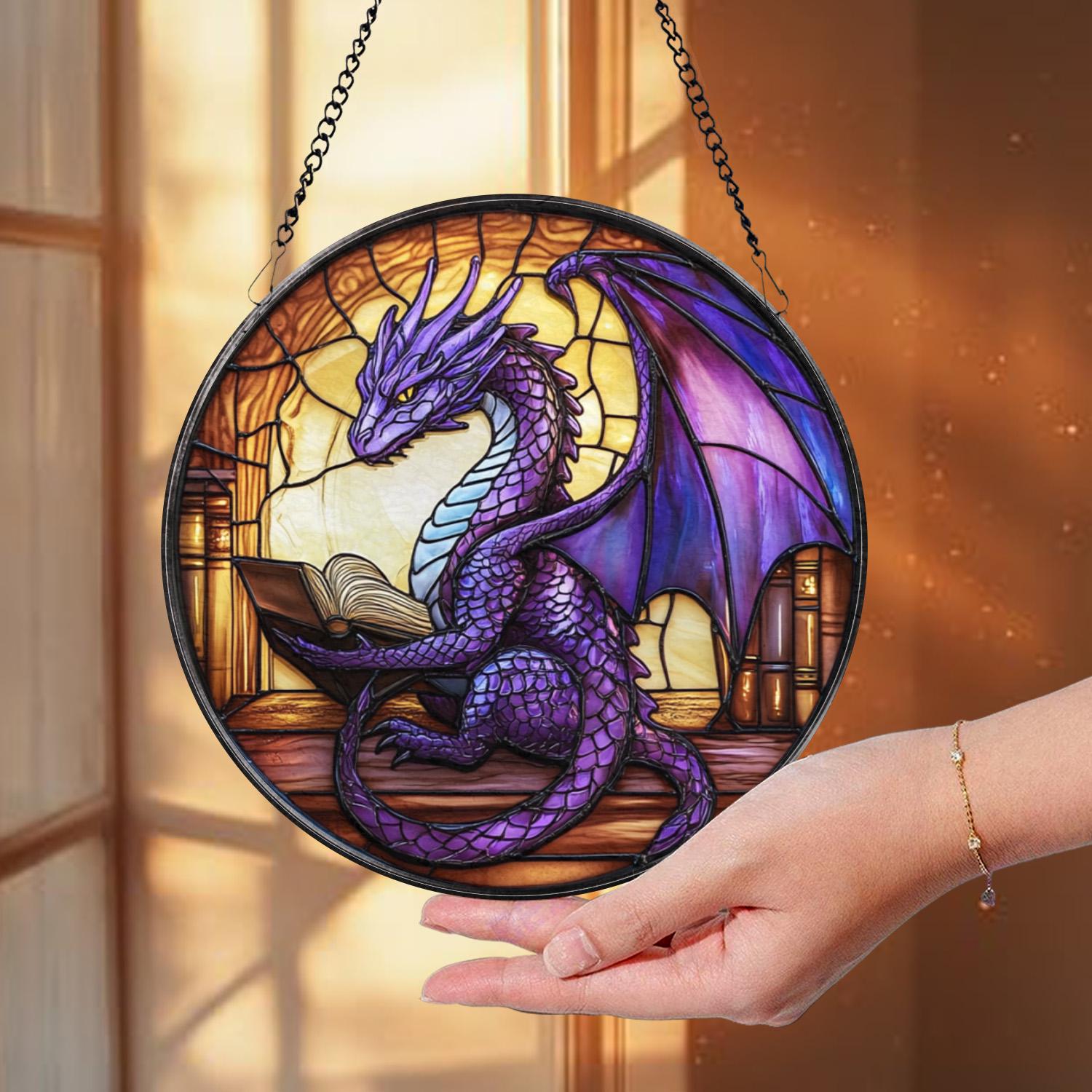 Purple Dragon Stained Glass Suncatcher, Fantasy Window Hanging, Book Lover Dragon Decor, Gothic Glass Art Panel, Gift for Fantasy Fans