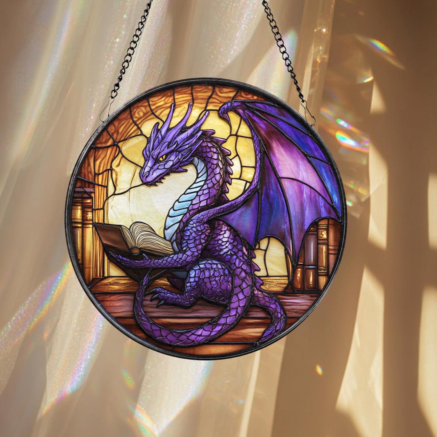 Purple Dragon Stained Glass Suncatcher, Fantasy Window Hanging, Book Lover Dragon Decor, Gothic Glass Art Panel, Gift for Fantasy Fans