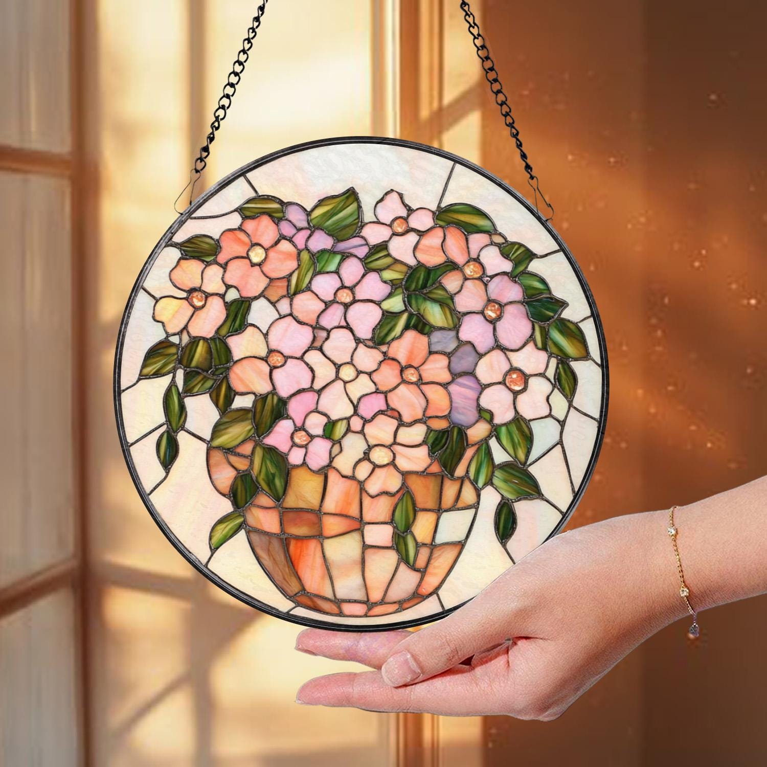 Pink Floral Vase Stained Glass Suncatcher, Pastel Window Hanging, Round Glass Art Panel, Soft Garden Decor Gift for Her or Mom