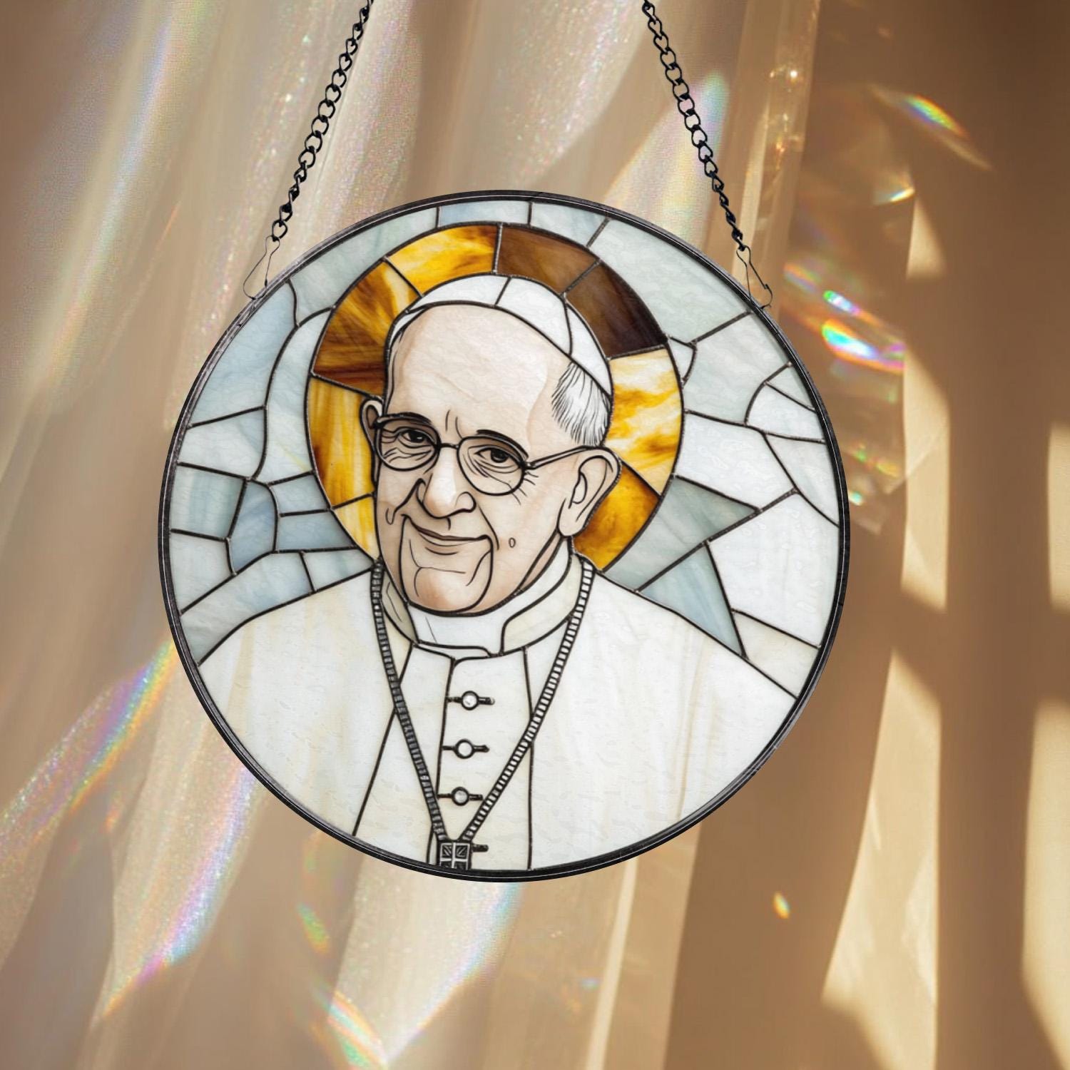 Pope Francis Stained Glass Suncatcher, Catholic Window Hanging, Religious Round Glass Art, Christian Home Decor Gift for Believers