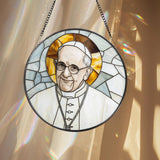 Pope Francis Stained Glass Suncatcher, Catholic Window Hanging, Religious Round Glass Art, Christian Home Decor Gift for Believers