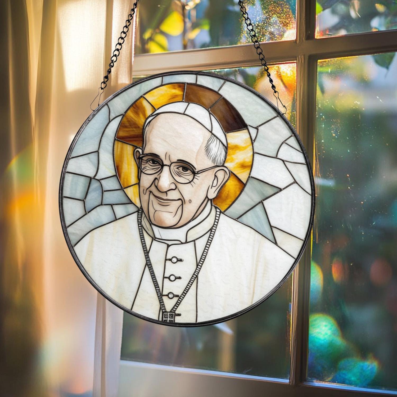 Pope Francis Stained Glass Suncatcher, Catholic Window Hanging, Religious Round Glass Art, Christian Home Decor Gift for Believers