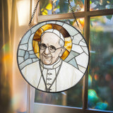 Pope Francis Stained Glass Suncatcher, Catholic Window Hanging, Religious Round Glass Art, Christian Home Decor Gift for Believers