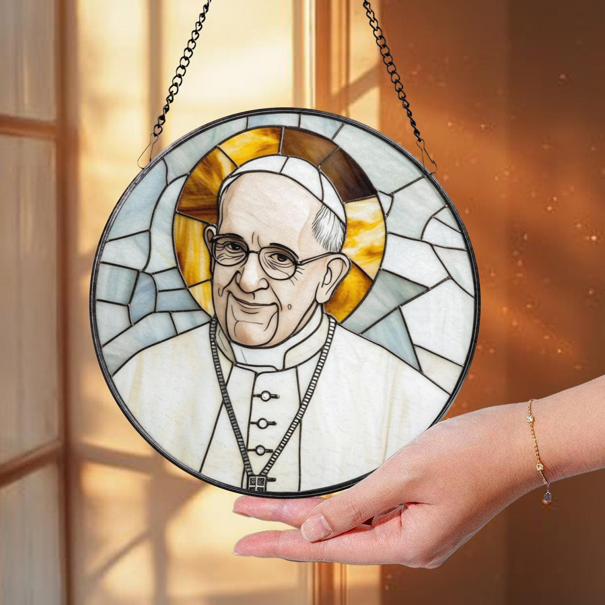 Pope Francis Stained Glass Suncatcher, Catholic Window Hanging, Religious Round Glass Art, Christian Home Decor Gift for Believers