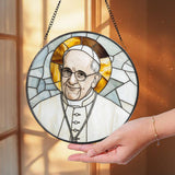 Pope Francis Stained Glass Suncatcher, Catholic Window Hanging, Religious Round Glass Art, Christian Home Decor Gift for Believers