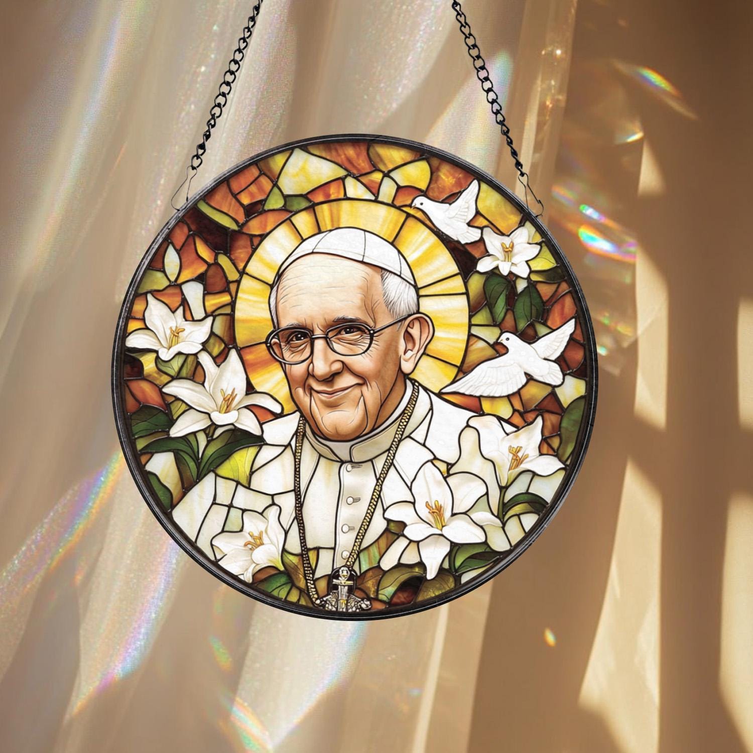 Catholic Pope Francis Glass Panel, Christian Stained Glass Suncatcher, Religious Gift for Home, Chapel, or Prayer Room Decor