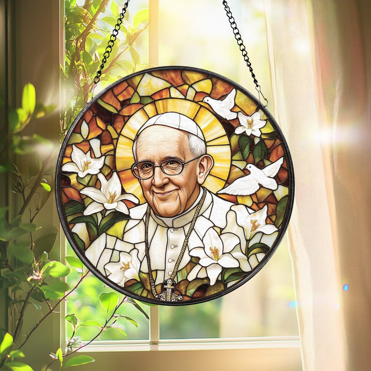 Catholic Pope Francis Glass Panel, Christian Stained Glass Suncatcher, Religious Gift for Home, Chapel, or Prayer Room Decor