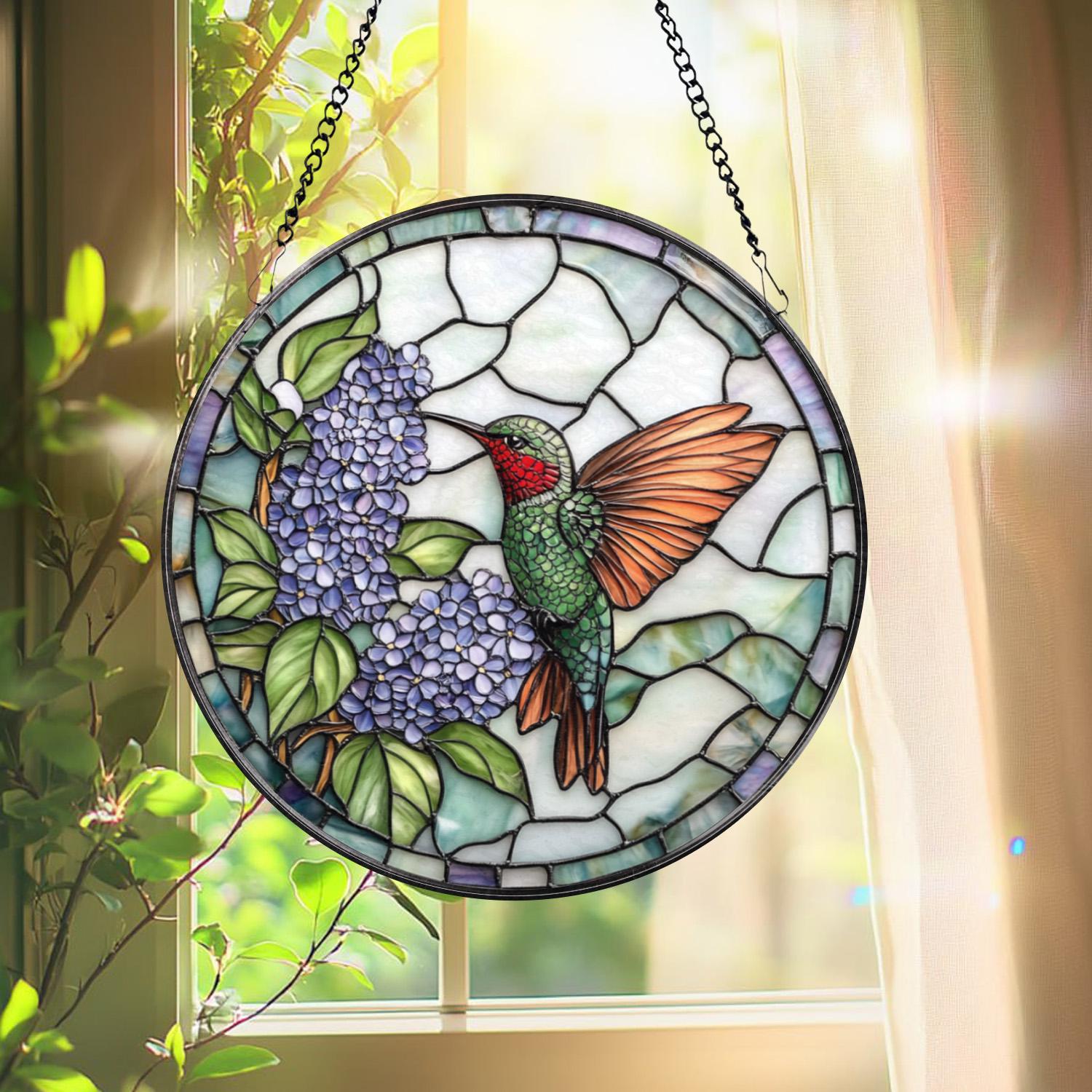 Hummingbird Stained Glass Suncatcher, Purple Lilac Window Hanging, Round Floral Glass Panel, Nature Gift for Garden & Bird Lovers