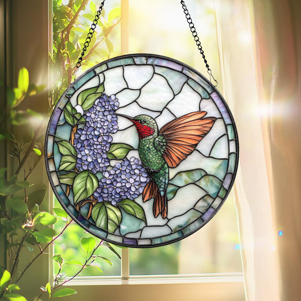 Hummingbird Stained Glass Suncatcher, Purple Lilac Window Hanging, Round Floral Glass Panel, Nature Gift for Garden & Bird Lovers