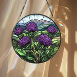 Scottish Thistle Stained Glass Suncatcher, Highland Floral Window Hanging, Purple Flower Round Panel, Nature Gift for Garden & Celtic Lovers