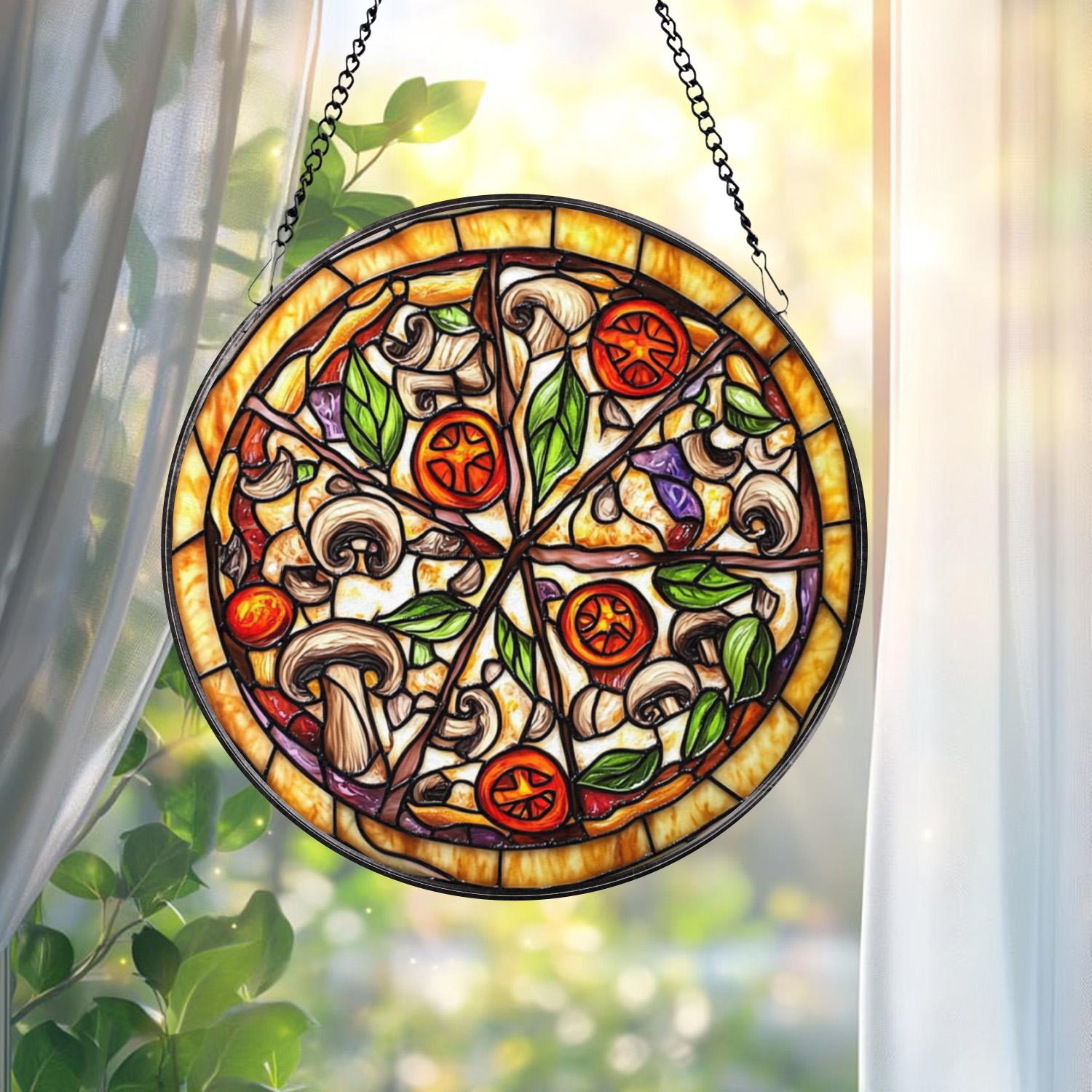 Pizza Stained Glass Suncatcher, Foodie Window Hanging Decor, Round Kitchen Art Panel, Funny Gift for Pizza Lovers & Chefs