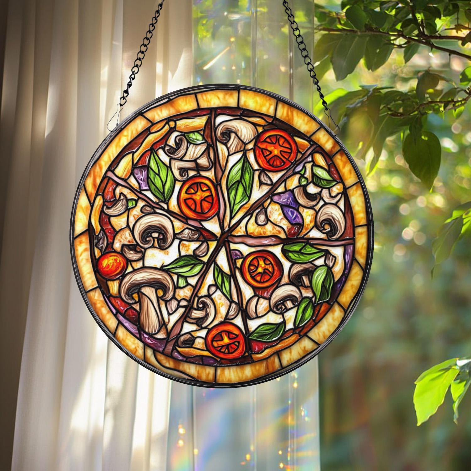 Pizza Stained Glass Suncatcher, Foodie Window Hanging Decor, Round Kitchen Art Panel, Funny Gift for Pizza Lovers & Chefs