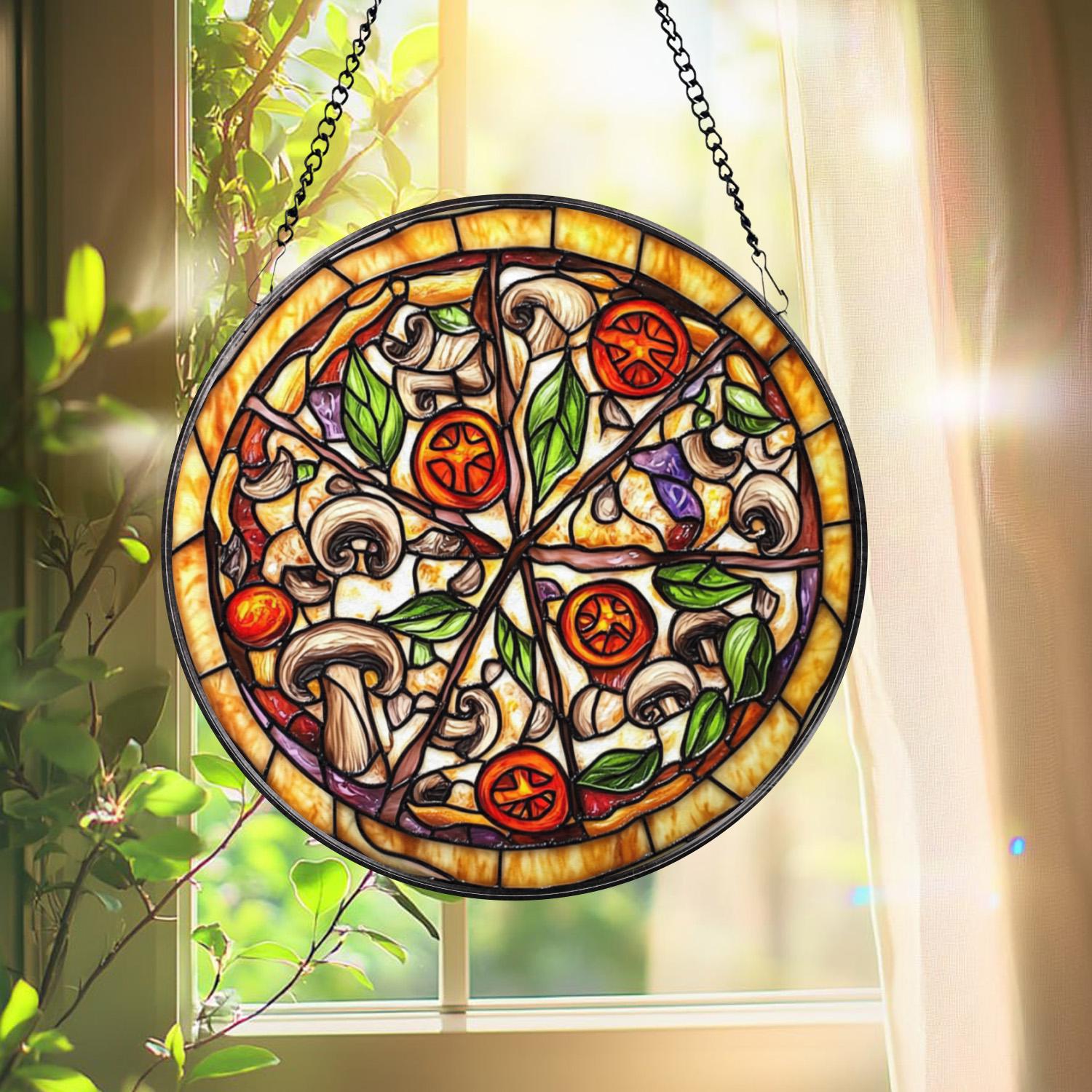 Pizza Stained Glass Suncatcher, Foodie Window Hanging Decor, Round Kitchen Art Panel, Funny Gift for Pizza Lovers & Chefs