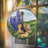 Guitar & Hat Stained Glass Suncatcher, Country Window Hanging with Bluebonnets, Rustic Music Decor, Round Farmhouse Panel Gift