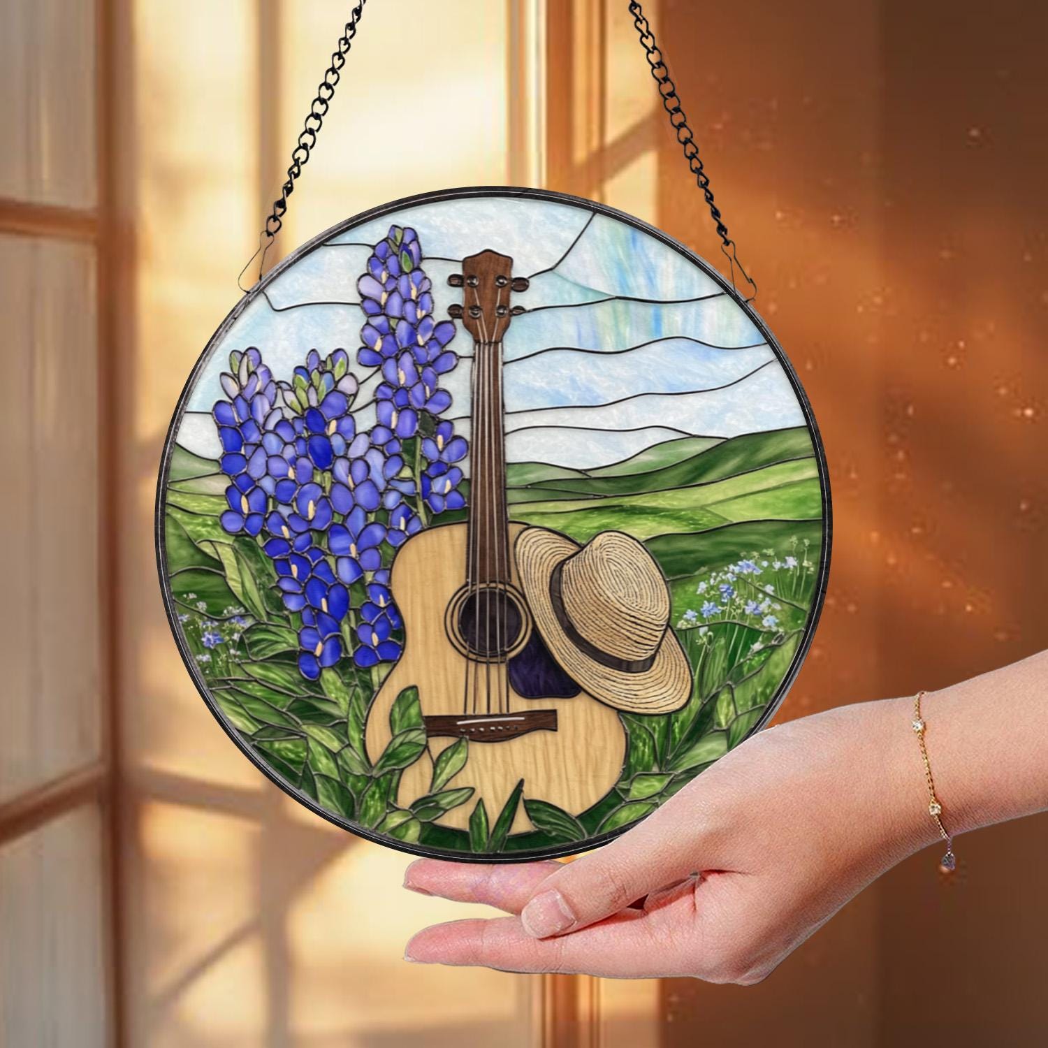 Guitar & Hat Stained Glass Suncatcher, Country Window Hanging with Bluebonnets, Rustic Music Decor, Round Farmhouse Panel Gift