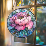 Pink Peony & Bees Stained Glass Suncatcher, Round Floral Window Hanging, Spring Garden Decor Gift, Elegant Flower Glass Panel