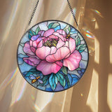 Pink Peony & Bees Stained Glass Suncatcher, Round Floral Window Hanging, Spring Garden Decor Gift, Elegant Flower Glass Panel