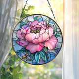 Pink Peony & Bees Stained Glass Suncatcher, Round Floral Window Hanging, Spring Garden Decor Gift, Elegant Flower Glass Panel