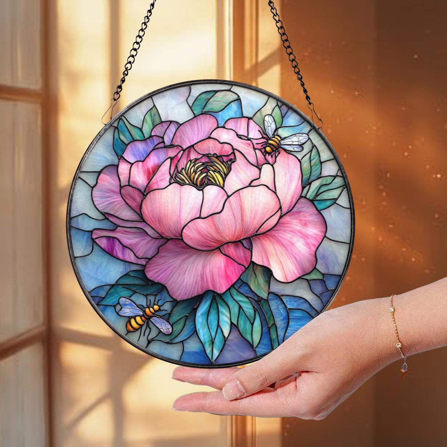 Pink Peony & Bees Stained Glass Suncatcher, Round Floral Window Hanging, Spring Garden Decor Gift, Elegant Flower Glass Panel