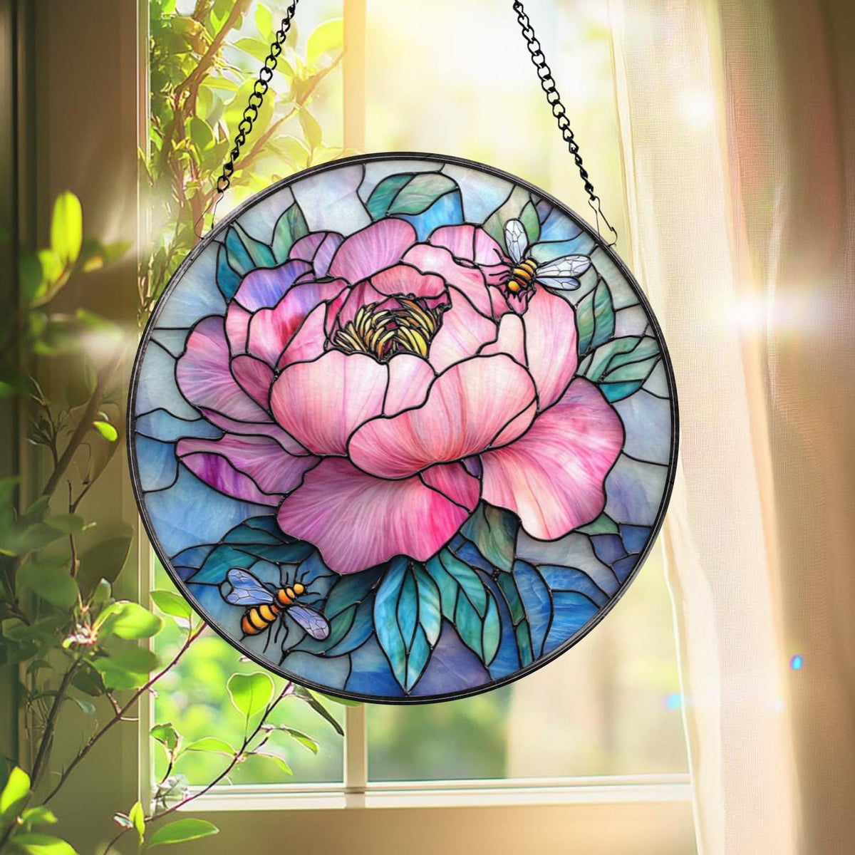 Pink Peony & Bees Stained Glass Suncatcher, Round Floral Window Hanging, Spring Garden Decor Gift, Elegant Flower Glass Panel