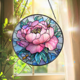 Pink Peony & Bees Stained Glass Suncatcher, Round Floral Window Hanging, Spring Garden Decor Gift, Elegant Flower Glass Panel