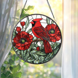 Cardinal and Red Poppy Stained Glass Suncatcher, Round Floral Window Hanging, Red Bird Sun Catcher Gift for Nature Lovers & Garden Decor
