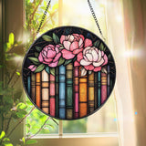 Books and Peonies Stained Glass Suncatcher, Round Floral Library Window Hanging, Reading Nook Decor, Gift for Book Lovers and Gardeners