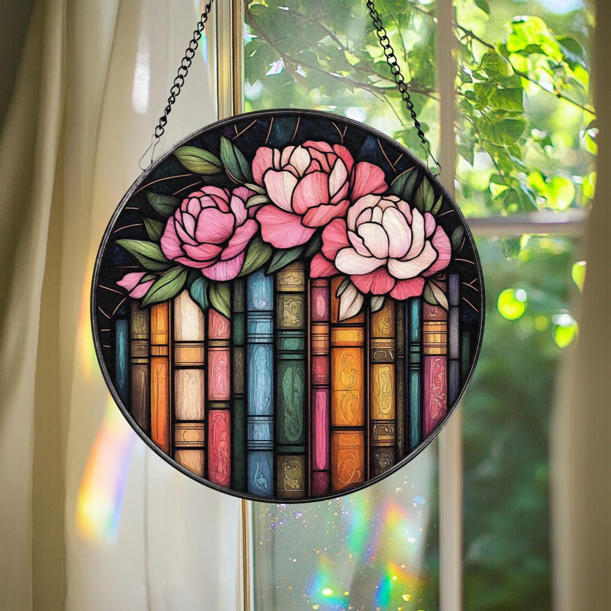 Books and Peonies Stained Glass Suncatcher, Round Floral Library Window Hanging, Reading Nook Decor, Gift for Book Lovers and Gardeners