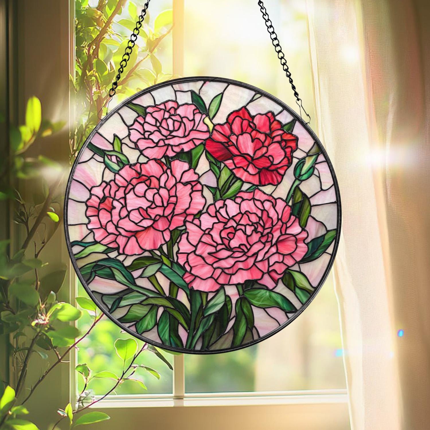 Pink Carnation Stained Glass Suncatcher, Round Floral Window Hanging, Mother’s Day Gift, Elegant Garden Panel for Flower Lovers
